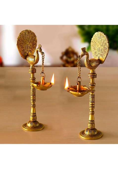 Pure Source India Pure Gold Brass Peacock Oil Diya Lamp 9 and Half Inch Set of 2