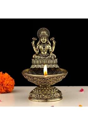 Indicast Religious Brass Diya for Puja 3 and Half Laxmi Design Arti Deepak Deepam Oil Lamp for Worship