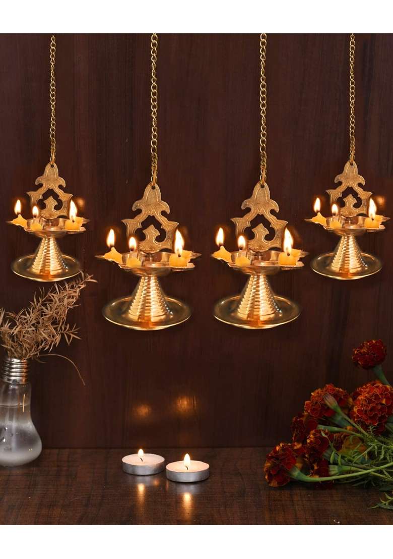 Collectible India Golden Brass Hanging Diya for Puja Stand Mandir Diwali Lights Decoration Items Pack of 4 - Indya