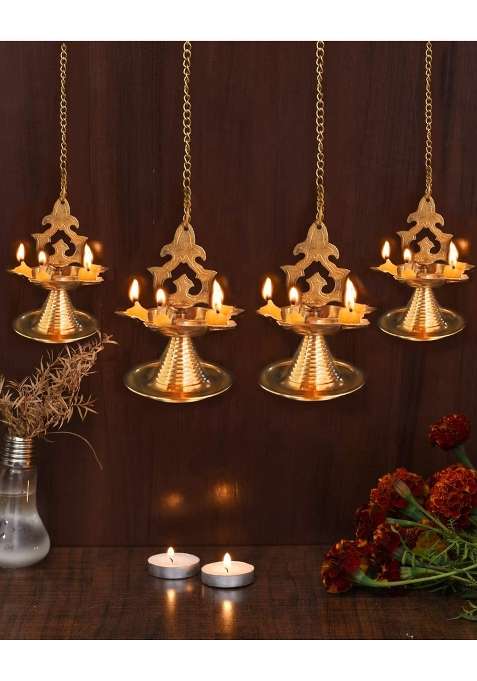 Collectible India Golden Brass Hanging Diya for Puja Stand Mandir Diwali Lights Decoration Items Pack of 4