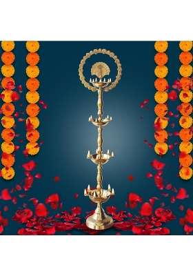 Indian Art Villa Gold Brass Stand Pillar Diya with Kerala and Mor Kiran Design