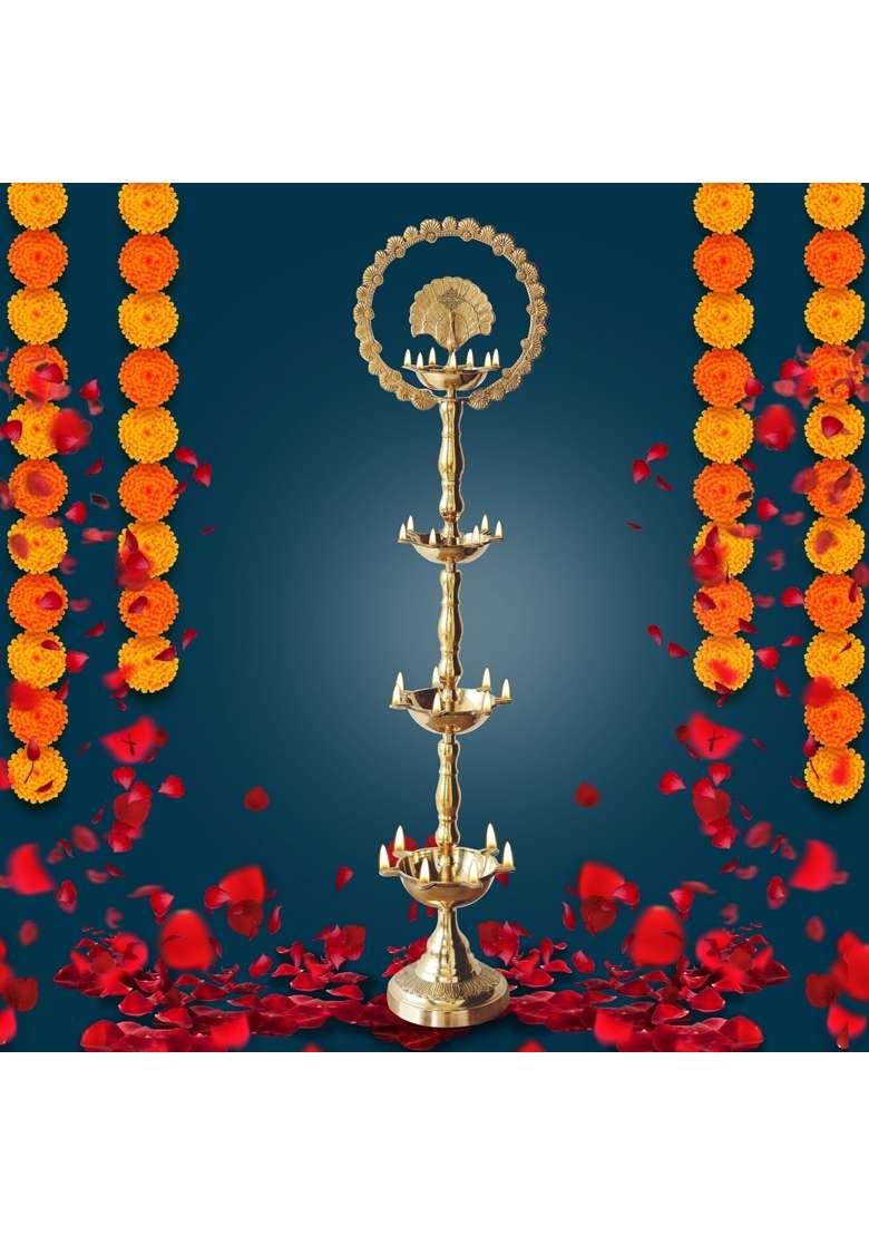 Indian Art Villa Gold Brass Stand Pillar Diya with Kerala and Mor Kiran Design - Indya
