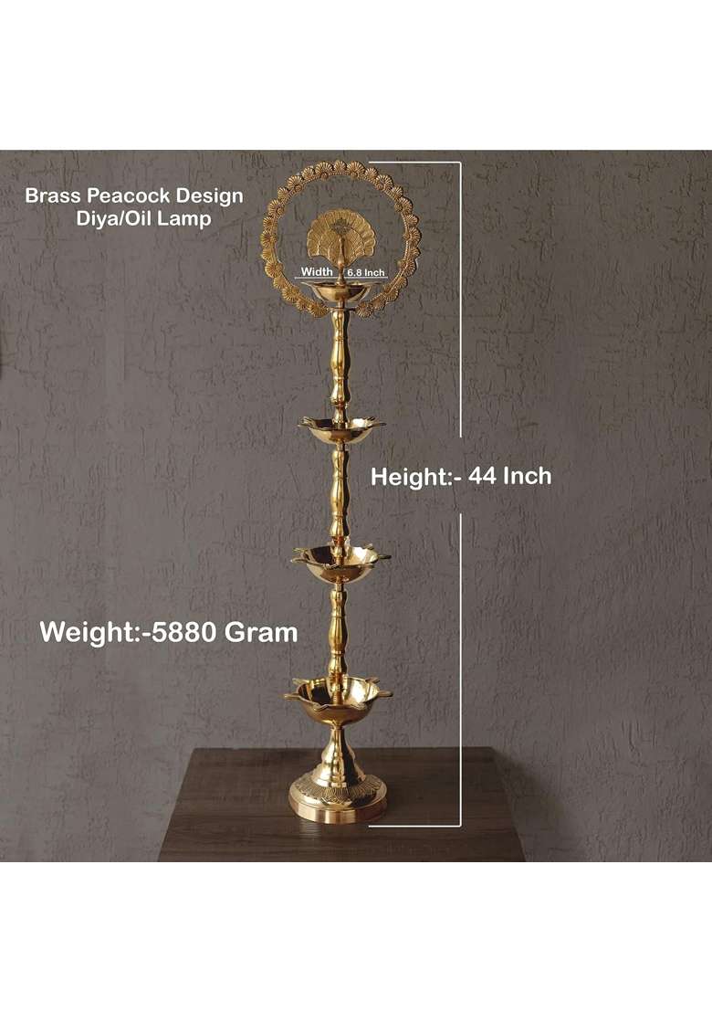 Indian Art Villa Gold Brass Stand Pillar Diya with Kerala and Mor Kiran Design - Indya