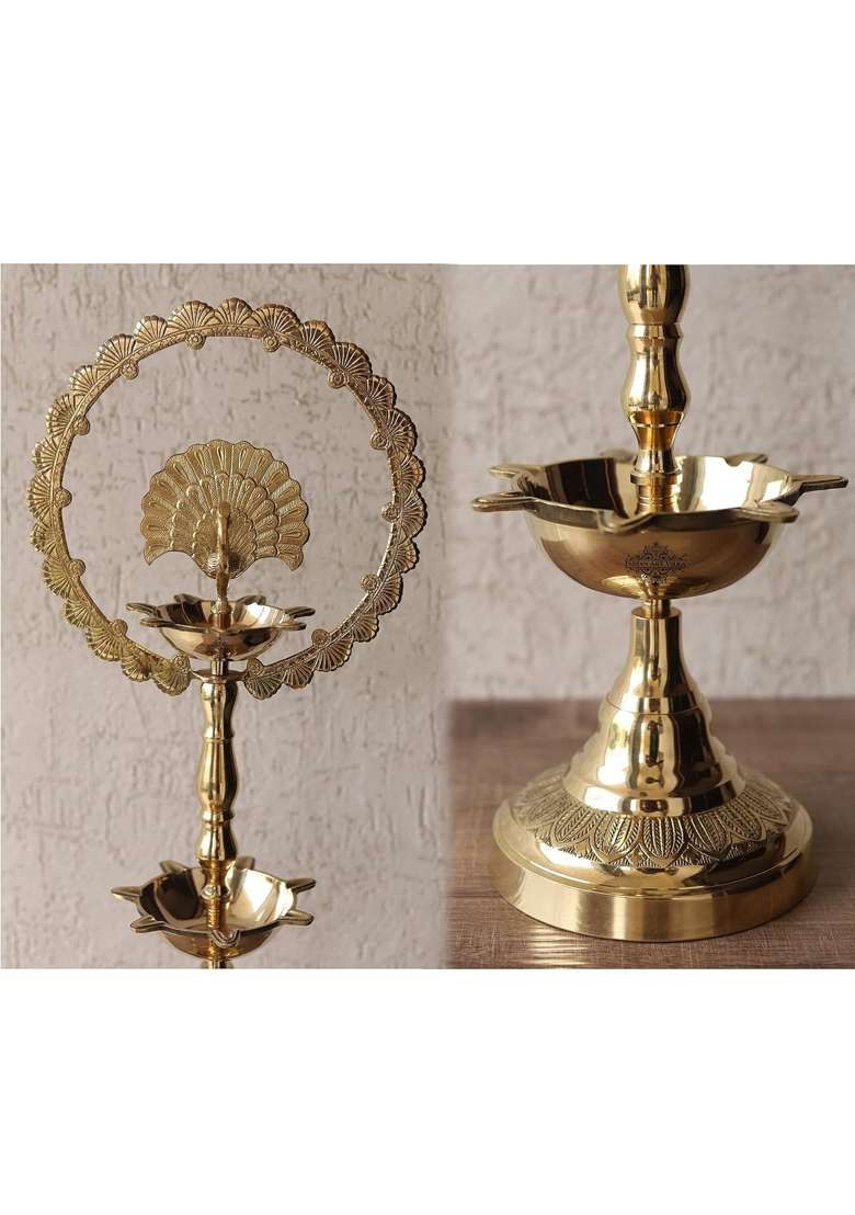 Indian Art Villa Gold Brass Stand Pillar Diya with Kerala and Mor Kiran Design - Indya