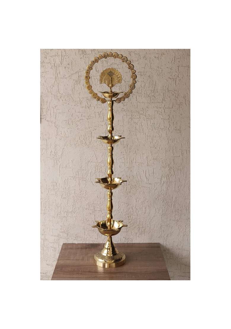 Indian Art Villa Gold Brass Stand Pillar Diya with Kerala and Mor Kiran Design - Indya