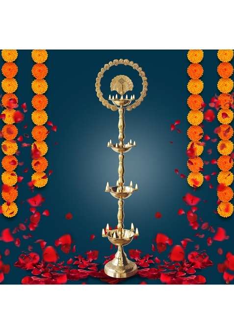 Indian Art Villa Gold Brass Stand Pillar Diya with Kerala and Mor Kiran Design