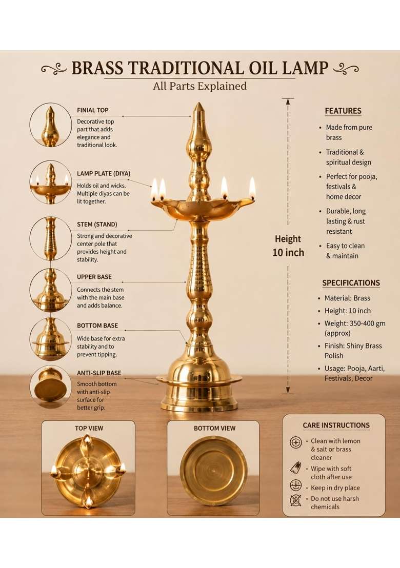 Brass Diwali Puja Oil Diya Kashi Samayi Height 10 Inch Fancy Samayi - Indya