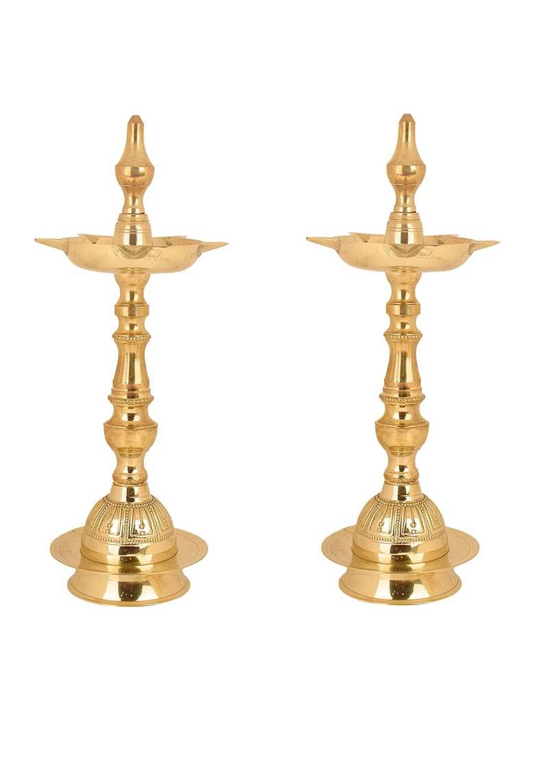 Satvik Gold 12 Inch Standing Brass Metal Kerala Samai Diwali Deepak Pack of 2 - Indya