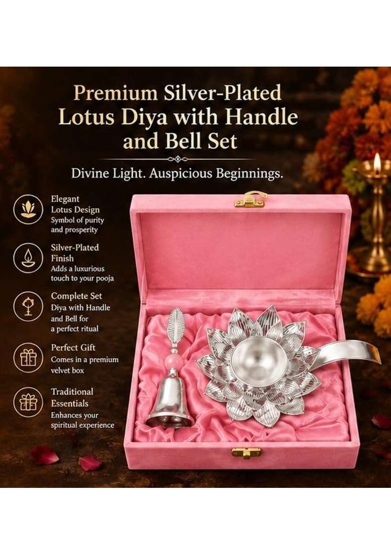 Silver Plated Lotus Diya with Handle and Bell Set - Indya