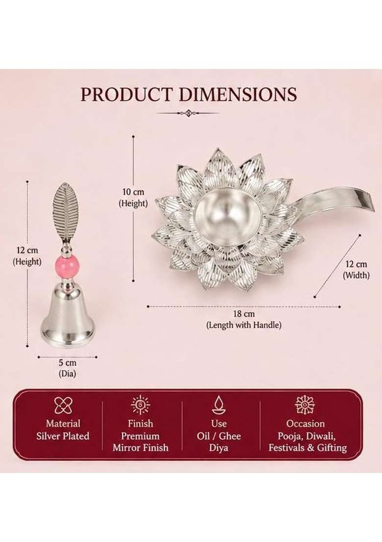 Silver Plated Lotus Diya with Handle and Bell Set - Indya