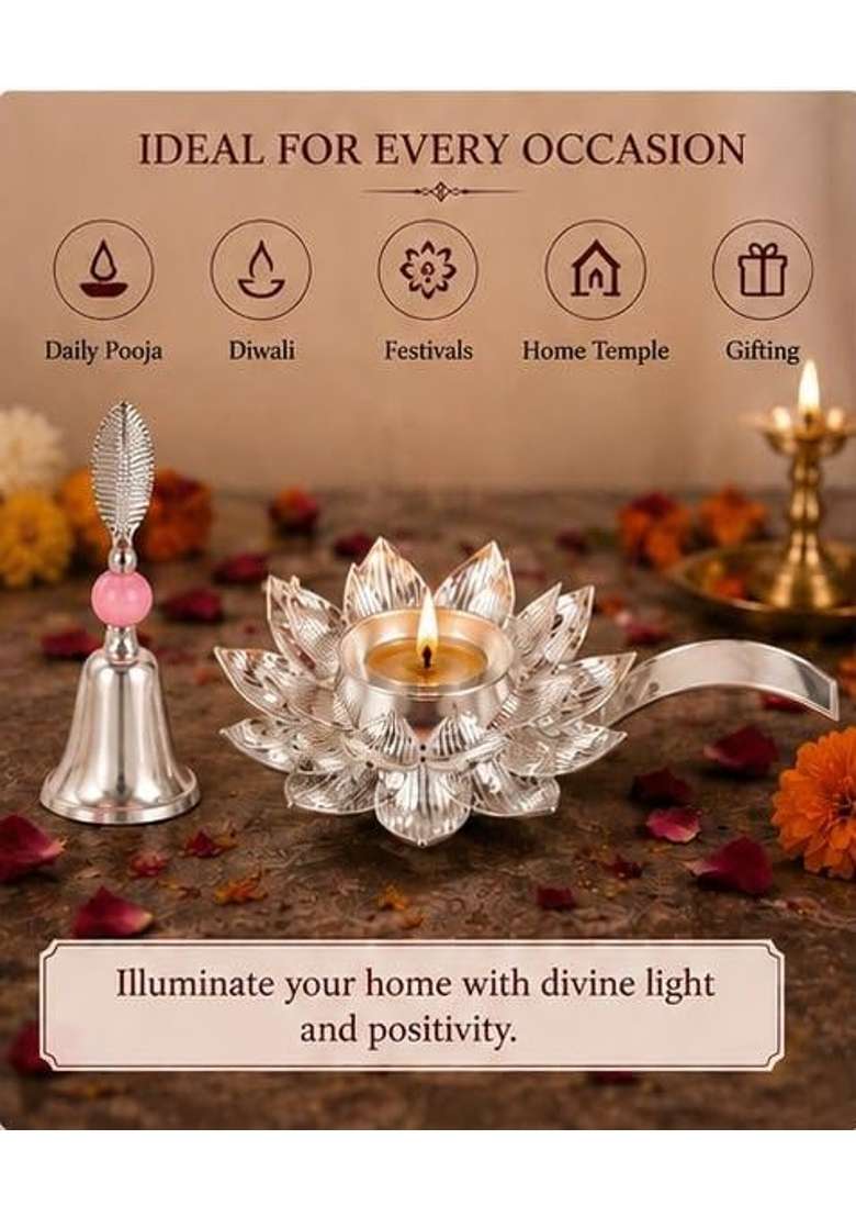 Silver Plated Lotus Diya with Handle and Bell Set - Indya