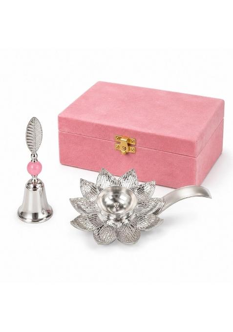 Silver Plated Lotus Diya with Handle and Bell Set