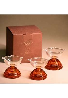 MUUN Home Short Glass Diya for Pooja Room and Mandir Decorative Oil Lamp for Diwali Decoration Set of 3