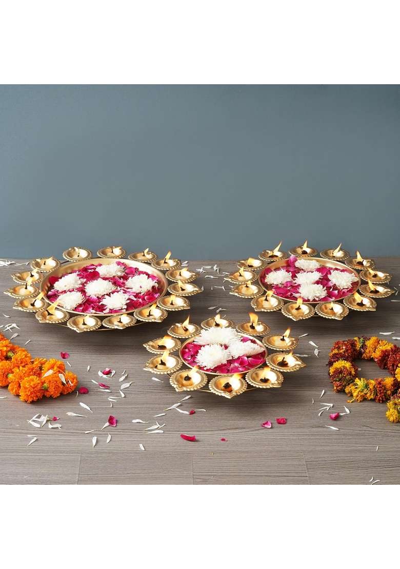 Ecraftindia Golden Metal Handcrafted Decorative Urlis with Diyas Set of 3 - Indya