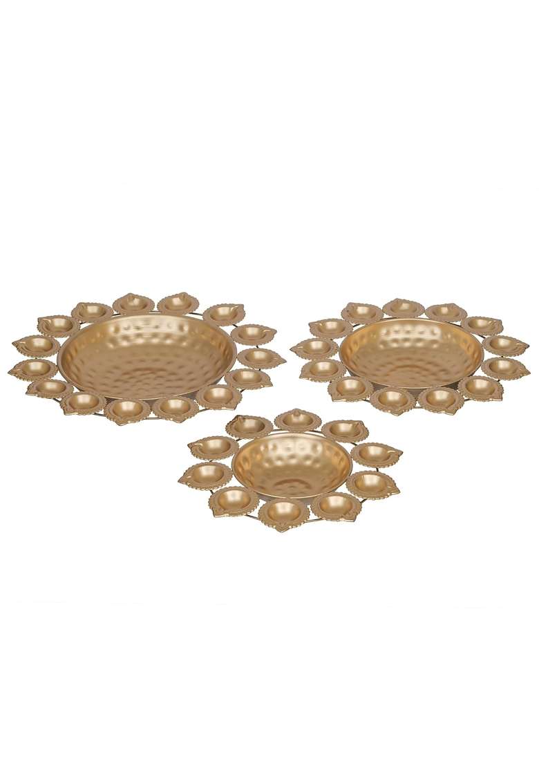 Ecraftindia Golden Metal Handcrafted Decorative Urlis with Diyas Set of 3 - Indya