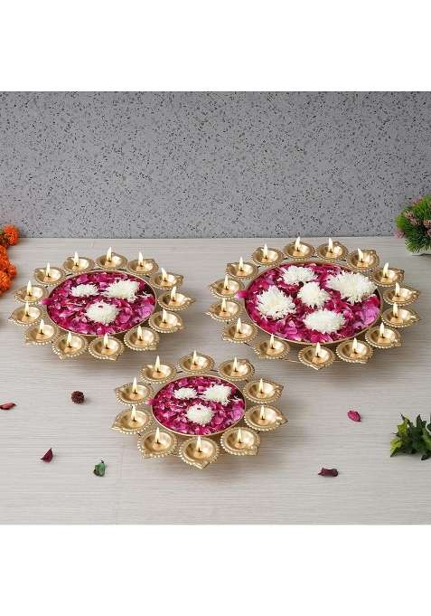 Ecraftindia Golden Metal Handcrafted Decorative Urlis with Diyas Set of 3