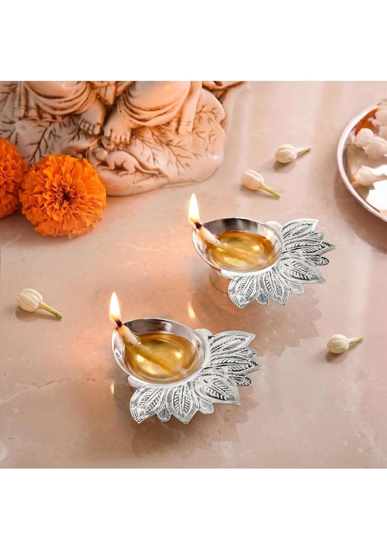Nestasia Silver Plated Brass Diya for Aarti Leaf Etched Design Pooja Deepak with Gift Box Set of 2 - Indya
