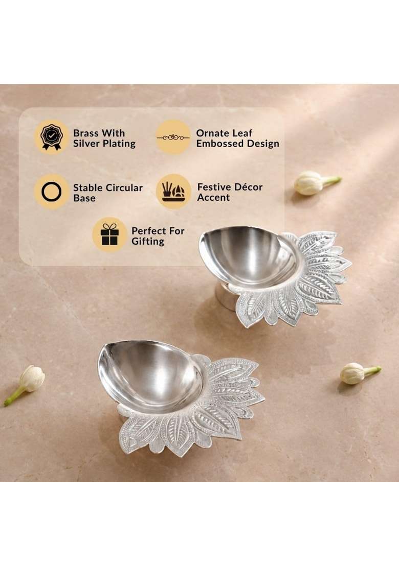 Nestasia Silver Plated Brass Diya for Aarti Leaf Etched Design Pooja Deepak with Gift Box Set of 2 - Indya