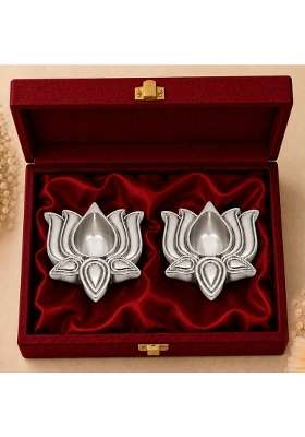 Diviniti 999 Silver Plated Lotus Diya with Luxury Gift Box Decorative Lotus Oil Lamp for Pooja Room Set of 2