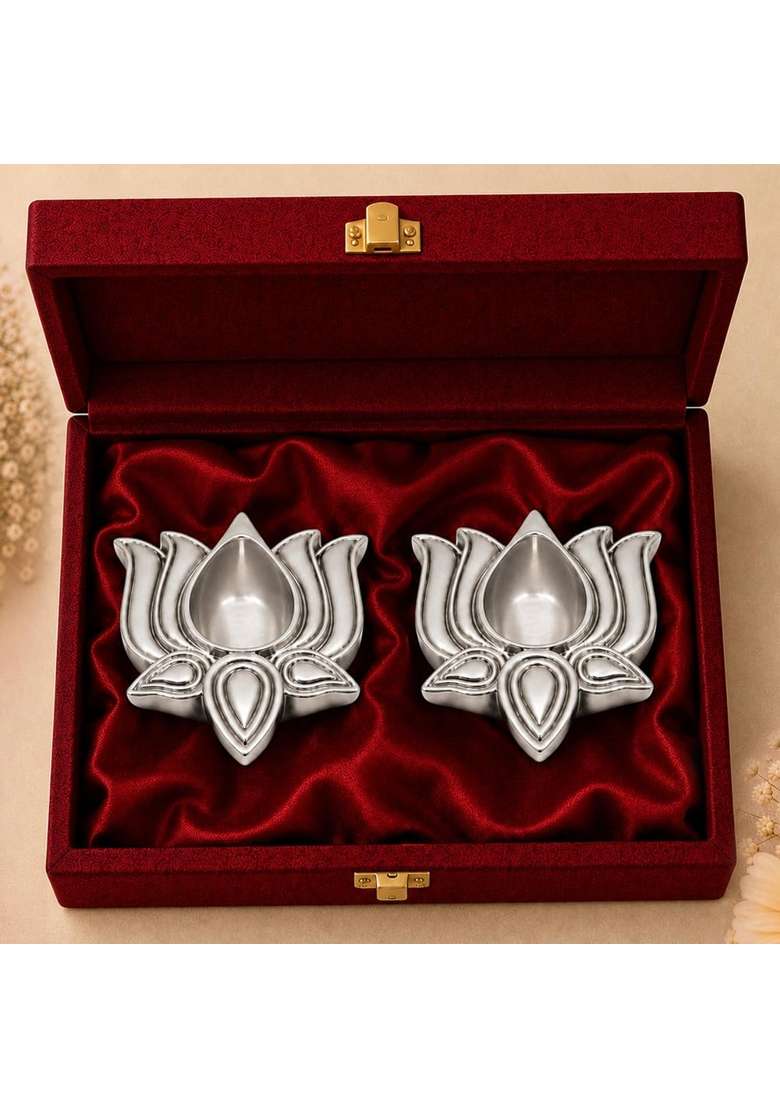 Diviniti 999 Silver Plated Lotus Diya with Luxury Gift Box Decorative Lotus Oil Lamp for Pooja Room Set of 2 - Indya