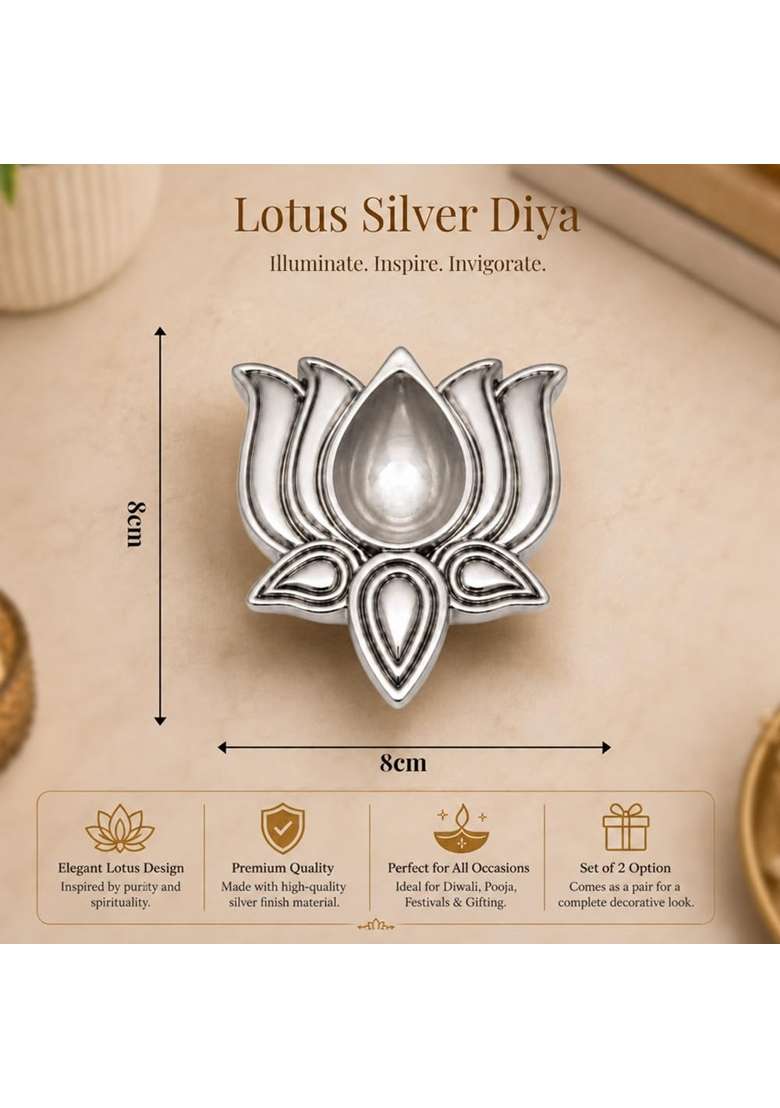 Diviniti 999 Silver Plated Lotus Diya with Luxury Gift Box Decorative Lotus Oil Lamp for Pooja Room Set of 2 - Indya