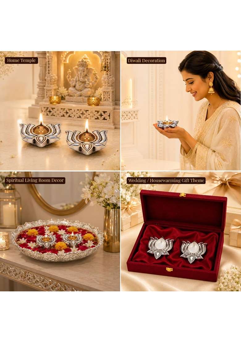 Diviniti 999 Silver Plated Lotus Diya with Luxury Gift Box Decorative Lotus Oil Lamp for Pooja Room Set of 2 - Indya
