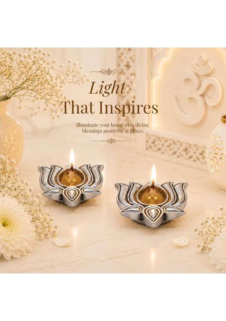 Diviniti 999 Silver Plated Lotus Diya with Luxury Gift Box Decorative Lotus Oil Lamp for Pooja Room Set of 2 - Indya