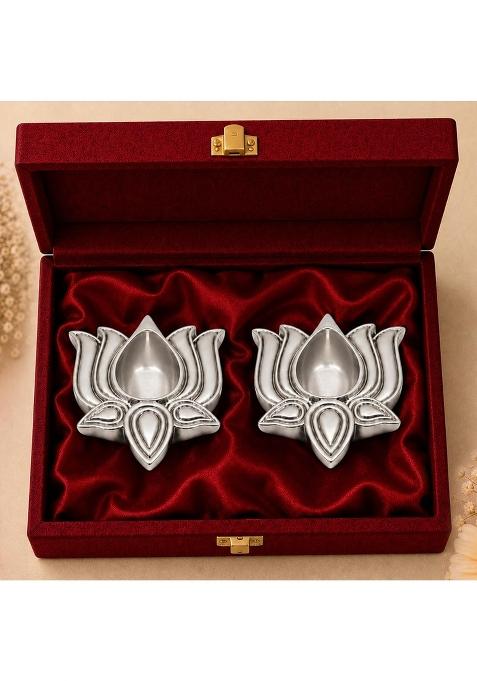 Diviniti 999 Silver Plated Lotus Diya with Luxury Gift Box Decorative Lotus Oil Lamp for Pooja Room Set of 2