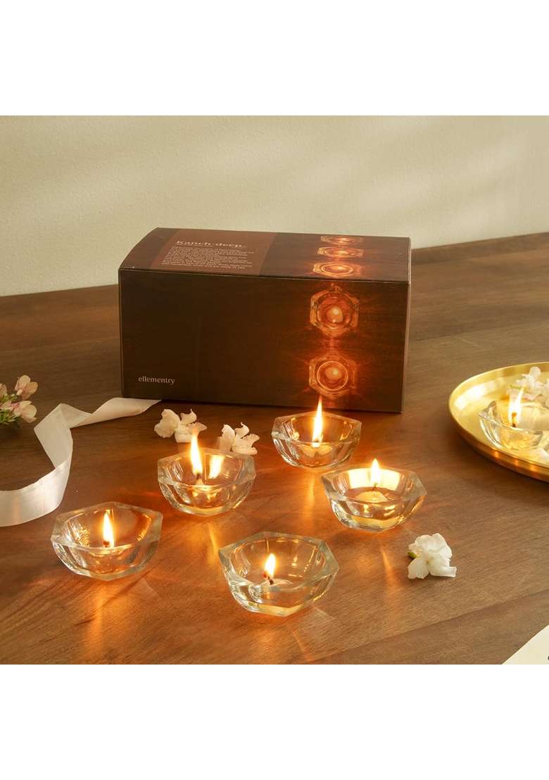 Ellementry Kanchdeep Glass Diya Decorative Oil Lamp Diyas Deepak for Mandir and Puja Thali Set of 24 - Indya