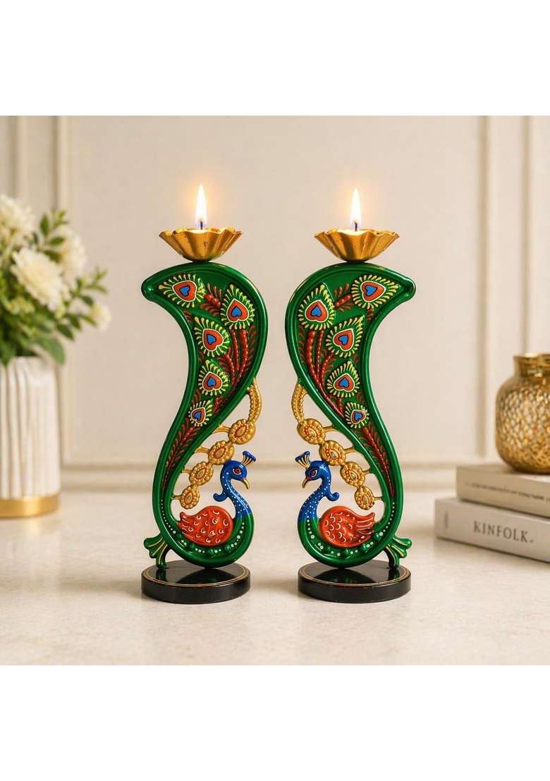 Craftvatika Elegant Metal Peacock Candle Holder Peacock Decoration Items Perfect Home Decoration Diwali - Indya