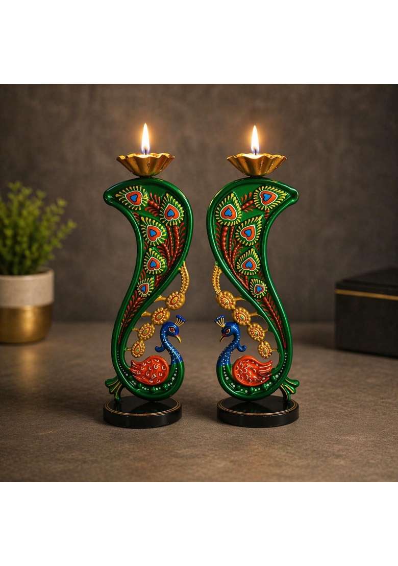 Craftvatika Elegant Metal Peacock Candle Holder Peacock Decoration Items Perfect Home Decoration Diwali - Indya