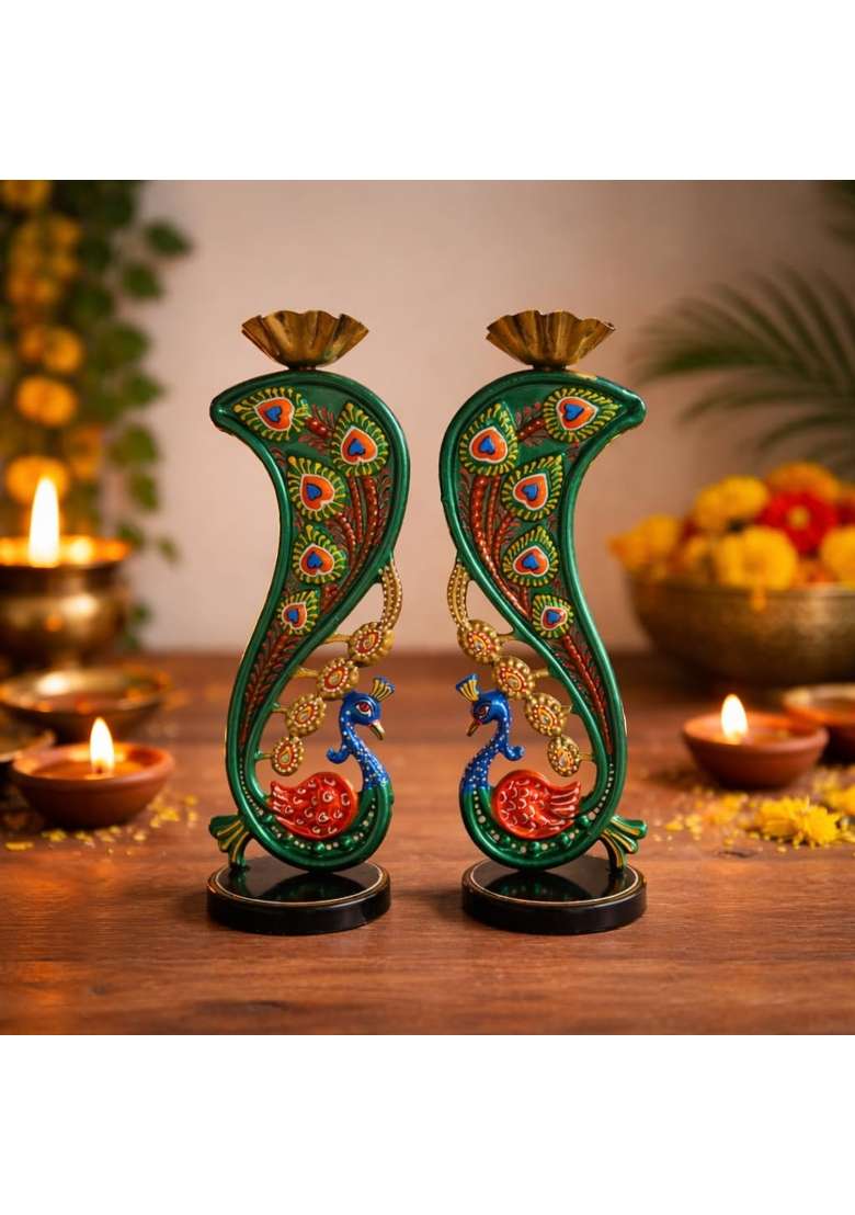 Craftvatika Elegant Metal Peacock Candle Holder Peacock Decoration Items Perfect Home Decoration Diwali - Indya