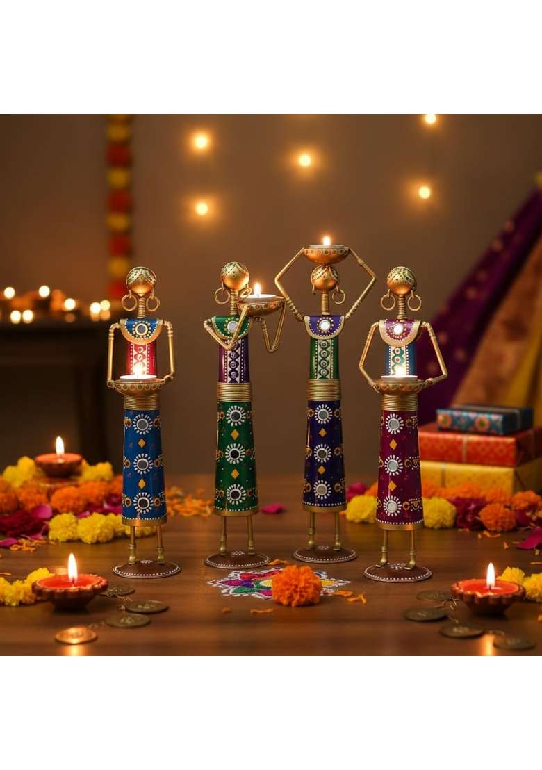 Lamcy Plaza Rajasthani Lady Tealight Candle Holder Showpiece Set of 4 - Indya