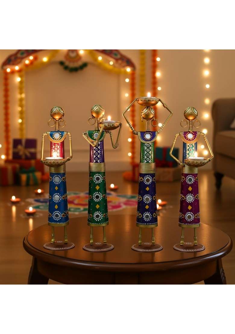 Lamcy Plaza Rajasthani Lady Tealight Candle Holder Showpiece Set of 4 - Indya