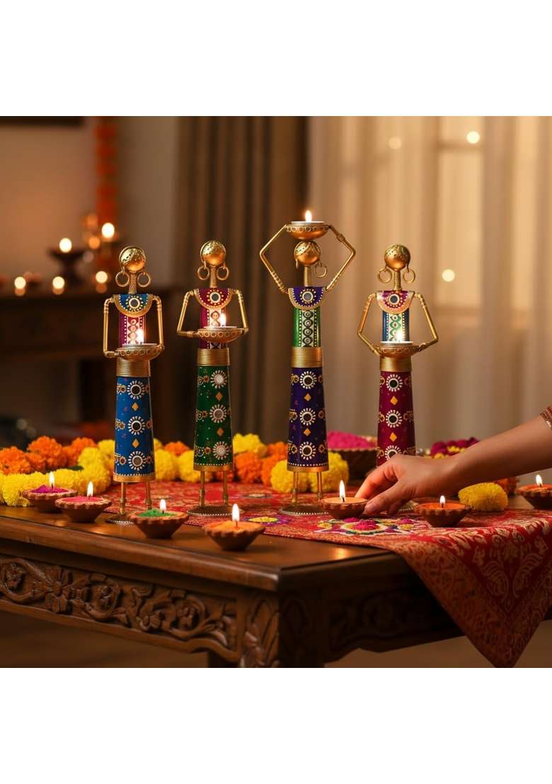 Lamcy Plaza Rajasthani Lady Tealight Candle Holder Showpiece Set of 4 - Indya