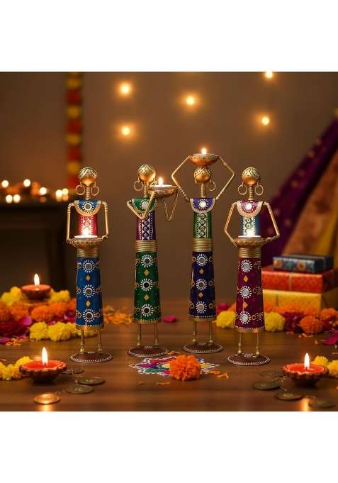 Lamcy Plaza Rajasthani Lady Tealight Candle Holder Showpiece Set of 4