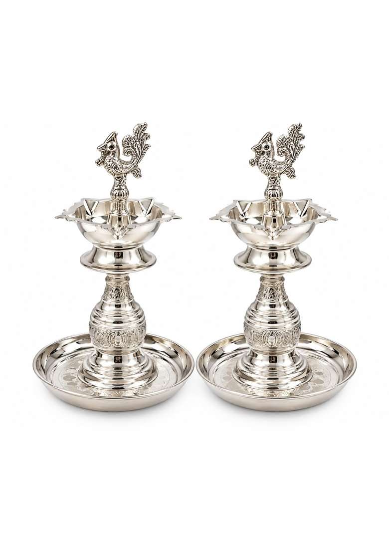 Sgr Handicrafts German Silver Finish Akhand Diya with Decorative Plates Set of 2 - Indya