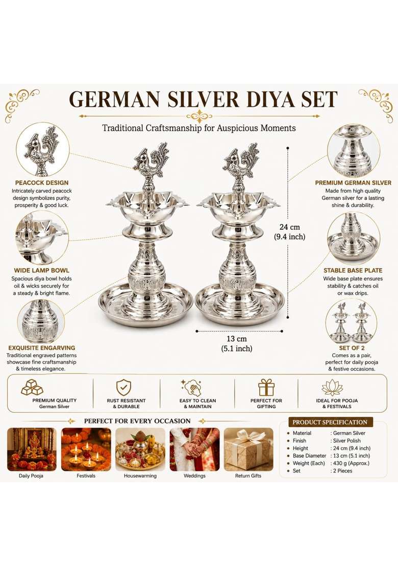 Sgr Handicrafts German Silver Finish Akhand Diya with Decorative Plates Set of 2 - Indya