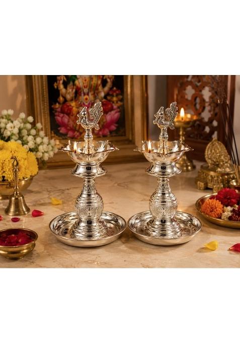 Sgr Handicrafts German Silver Finish Akhand Diya with Decorative Plates Set of 2