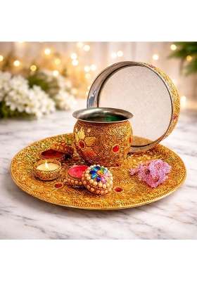 Santarms Golden Handcrafted Karwa Chauth Puja Thali Set with Channi