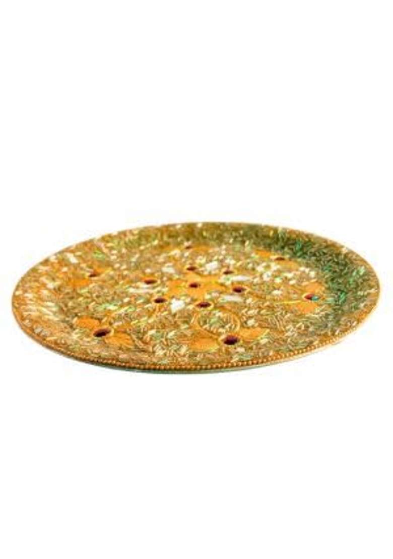 Santarms Golden Handcrafted Karwa Chauth Puja Thali Set with Channi - Indya