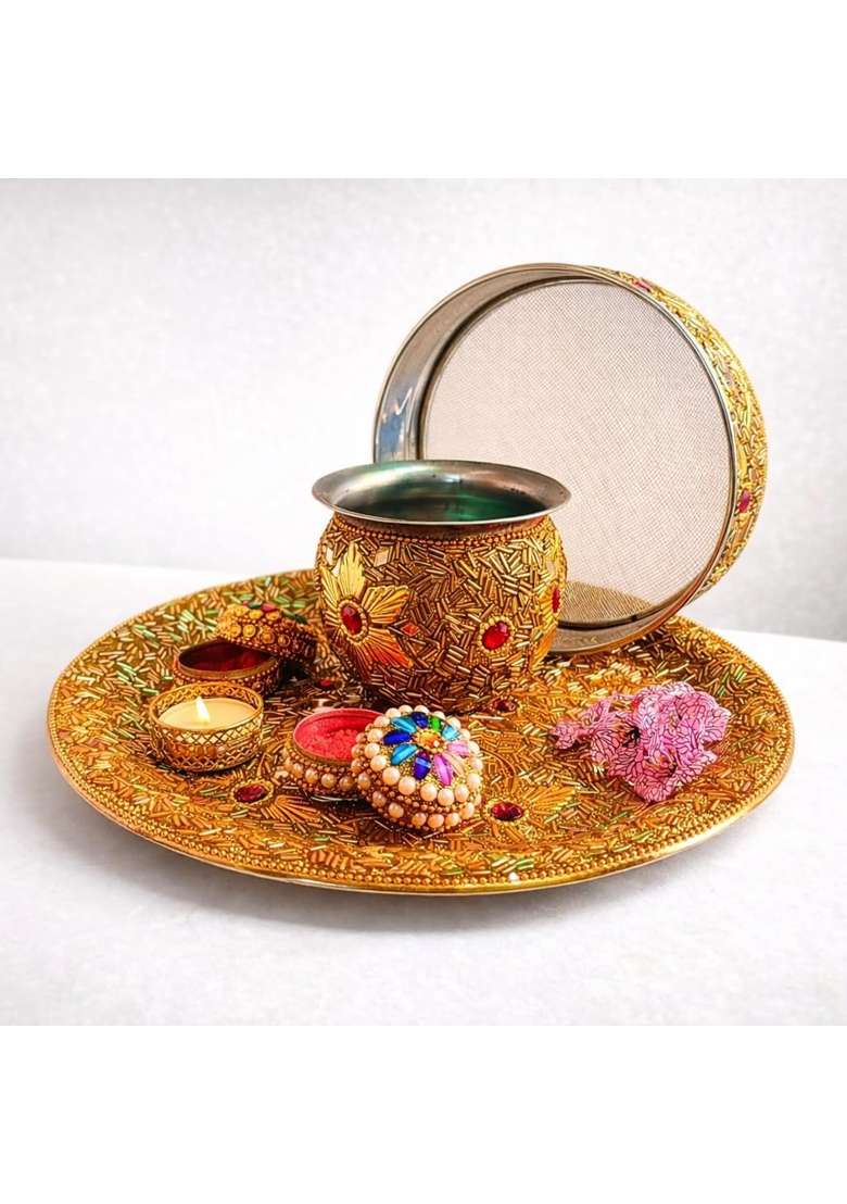 Santarms Golden Handcrafted Karwa Chauth Puja Thali Set with Channi - Indya