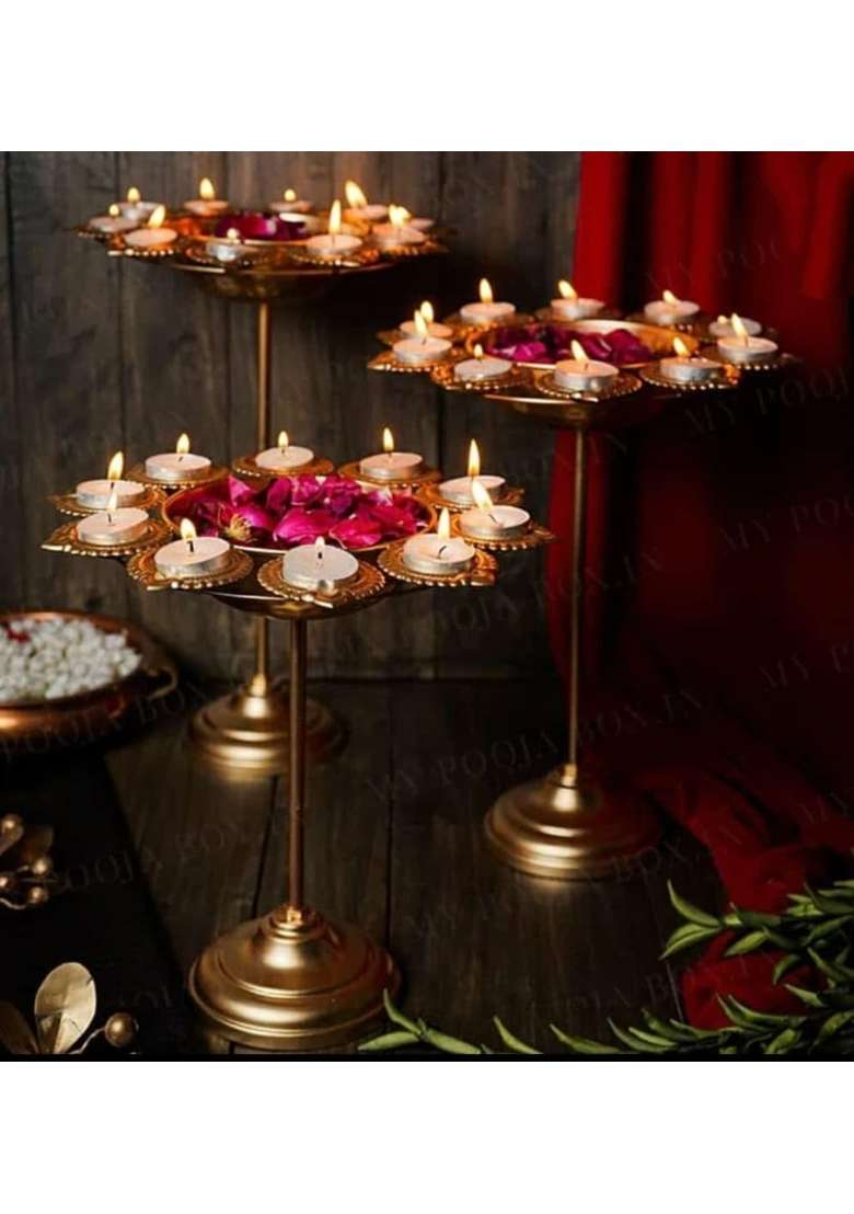 Gracious World Floral Diya Urli with Stand for Home Decor Gold Decorative for Floating Flowers Set of 3 - Indya