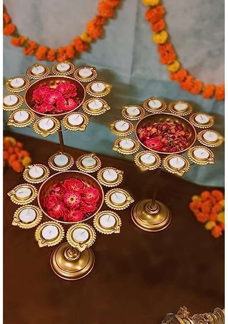 Gracious World Floral Diya Urli with Stand for Home Decor Gold Decorative for Floating Flowers Set of 3 - Indya
