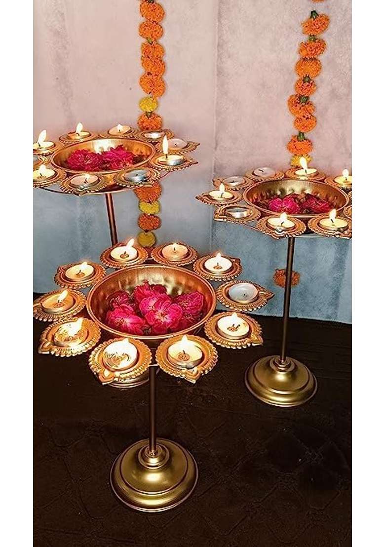 Gracious World Floral Diya Urli with Stand for Home Decor Gold Decorative for Floating Flowers Set of 3 - Indya