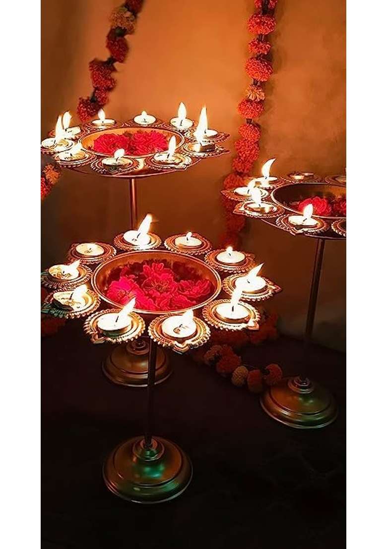 Gracious World Floral Diya Urli with Stand for Home Decor Gold Decorative for Floating Flowers Set of 3 - Indya