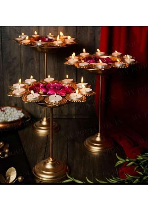 Gracious World Floral Diya Urli with Stand for Home Decor Gold Decorative for Floating Flowers Set of 3