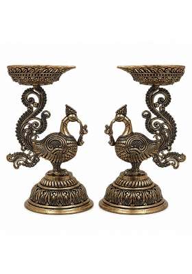 Anantaaura Brass Heritage Peacock Diya Pair Set 2 for Home Decor 12 Point 7 8 Point 13 6 Point 86 CM