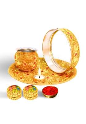 Santarms Karva Chauth Thaali Set Elegant Beaded Thali Combo with Kalash Chalni Diya Singhora Sindoor Box