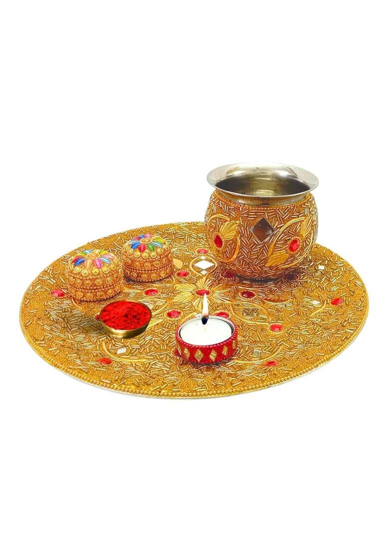 Santarms Karva Chauth Thaali Set Elegant Beaded Thali Combo with Kalash Chalni Diya Singhora Sindoor Box - Indya